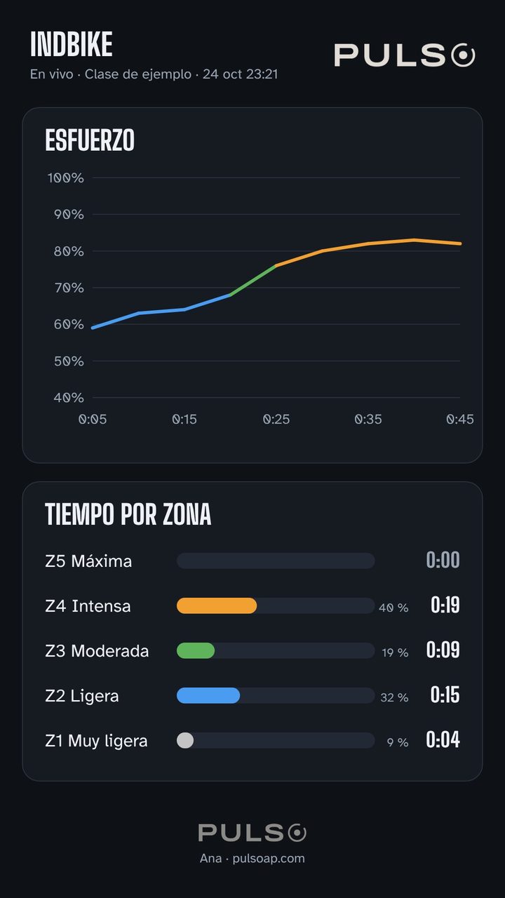 Captura para redes: gráfica de esfuerzo y tiempo por zona, con el logo PULSO